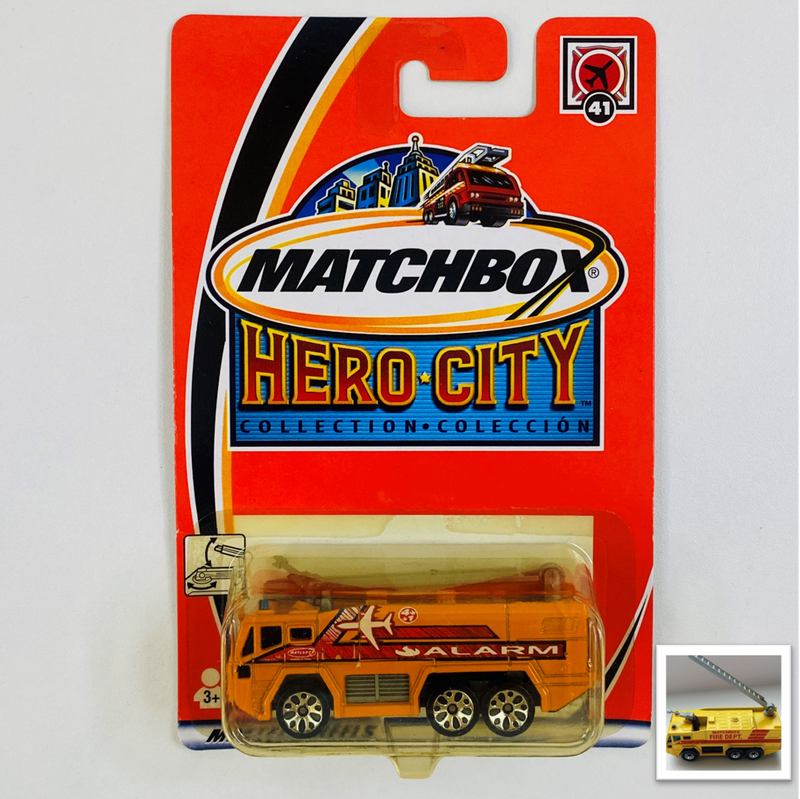 2002 Matchbox Hero City Gloster Saro Airport Pumper naranja Bombero con Cañón de Agua y Escalera Móviles