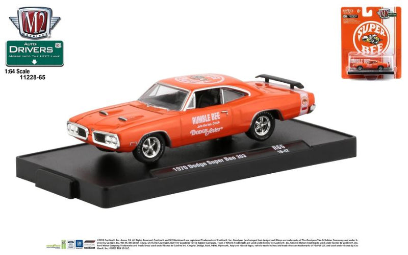 2019 M2 Machines Auto-Drivers Limited Edition 1/4,875 1970 Dodge Super Bee 383 R65 naranja Llantas de Goma