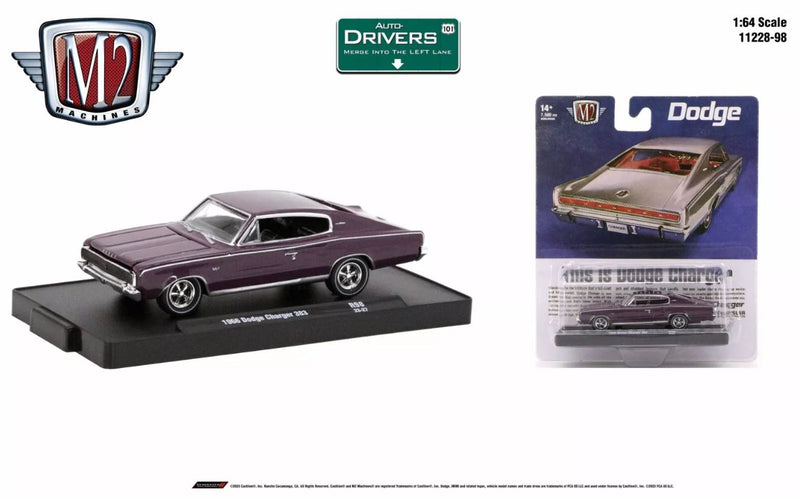 2023 M2 Machines Auto-Drivers Limited Edition 1/7,500 1966 Dodge Charger 383 R98 morado Llantas de Goma