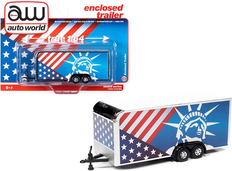 2021 Auto World Enclosed Trailer con Estatua de la Libertad y bandera de los Estados Unidos blanco Llantas de Goma