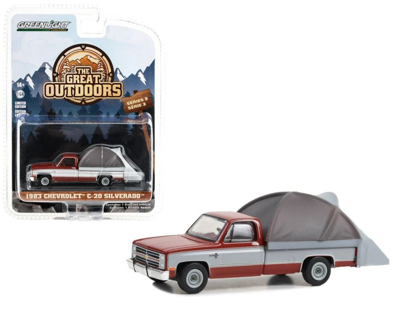 2023 Greenlight Limited Edition The Great Outdoors Series 3 1983 Chevrolet C-20 Silverado granate Llantas de Goma con Accesorios de Camping