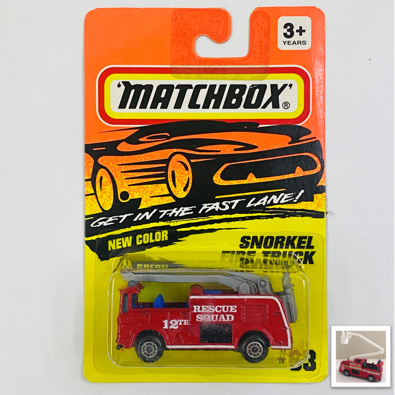 1996 Matchbox Snorkel Fire Truck rojo con Canastilla Elevadora