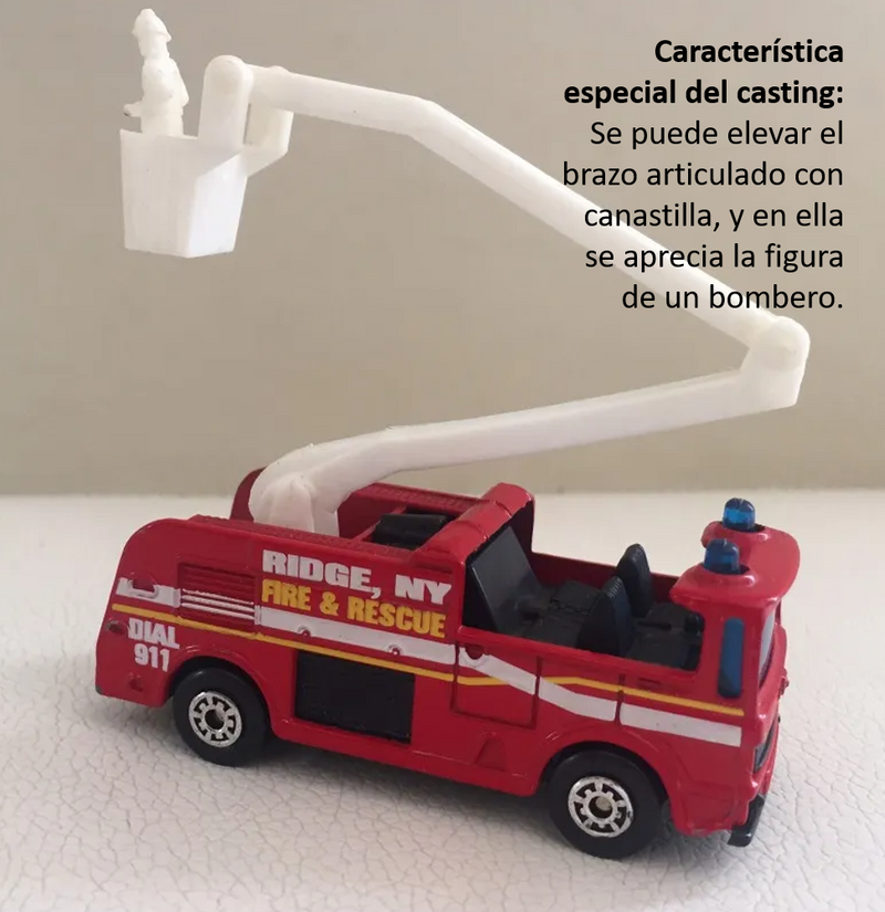 1998 Matchbox Moving Parts To The Rescue Snorkel Fire Truck rojo Bombero con Canastilla Elevadora
