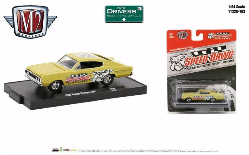 2023 M2 Machines Auto-Drivers Limited Edition 1/7,500 Speed Dawg 1966 Dodge Charger 383 R103 amarillo Llantas de Goma