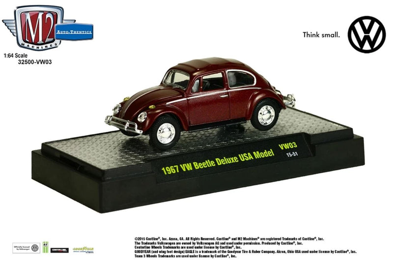 2015 M2 Machines Auto-Thentics Limited Edition 1/6,888 1967 VW Volkswagen Beetle Deluxe USA Model VW03 granate Llantas de Goma