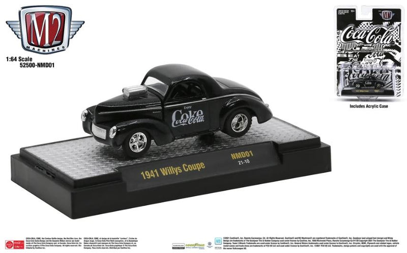 2021 M2 Machines Limited Edition 1/9,600 Coca Cola Coke 1941 Willys Coupe NM001 negro Llantas de Goma