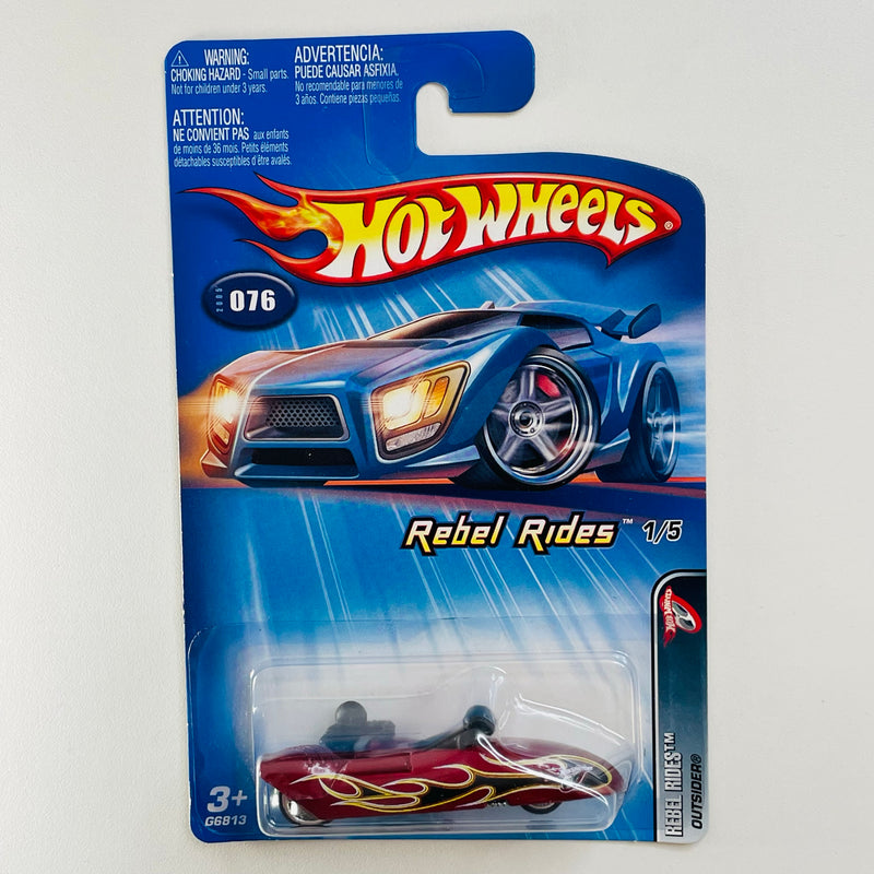 2005 Hot Wheels Rebel Rides Outsider 076 rojo metálico WSP base ZAMAC.