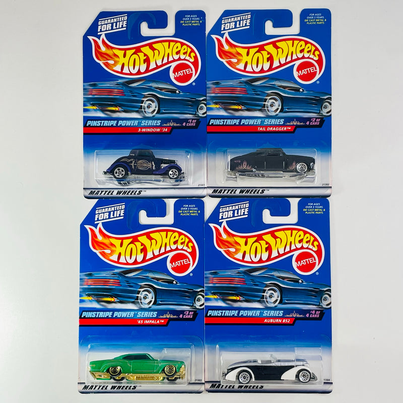 1999 Hot Wheels Pinstripe Power Series Colección Set de 4 - 34 Ford 3-Window, Tail Dragger, 65 Impala, Auburn 852