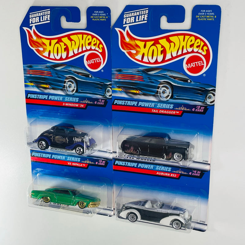 1999 Hot Wheels Pinstripe Power Series Colección Set de 4 - 34 Ford 3-Window, Tail Dragger, 65 Impala, Auburn 852