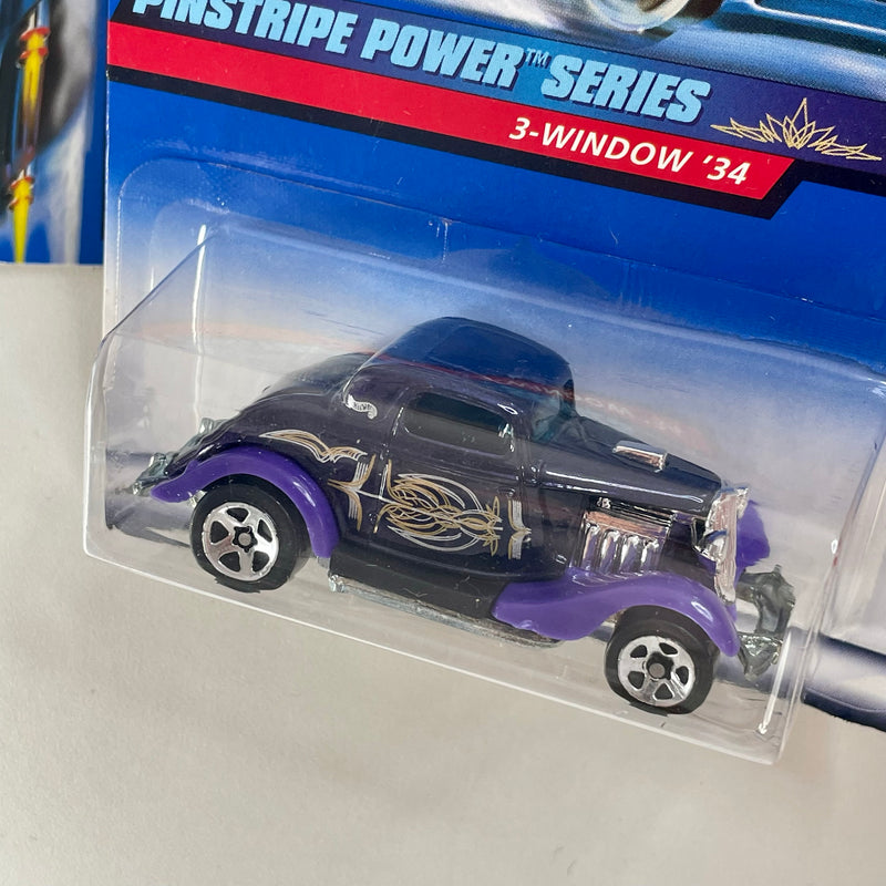 1999 Hot Wheels Pinstripe Power Series Colección Set de 4 - 34 Ford 3-Window, Tail Dragger, 65 Impala, Auburn 852
