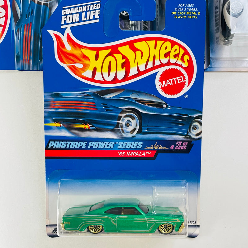1999 Hot Wheels Pinstripe Power Series Colección Set de 4 - 34 Ford 3-Window, Tail Dragger, 65 Impala, Auburn 852