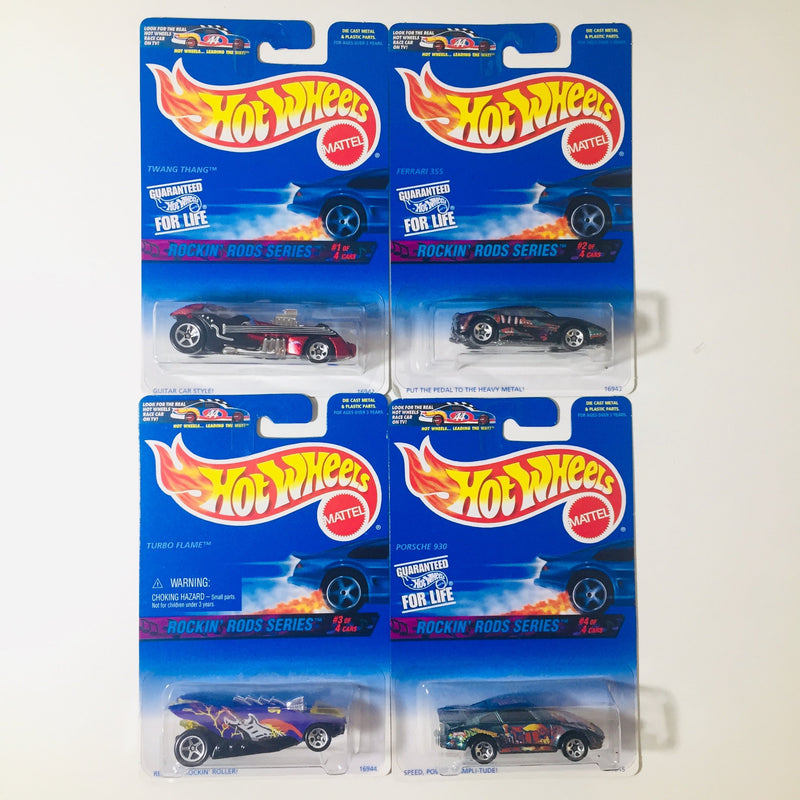 1997 Hot Wheels Rockin' Rods Series Colección Set de 4 - Twang Thang, Ferrari 355, Turbo Flame, Porsche 930