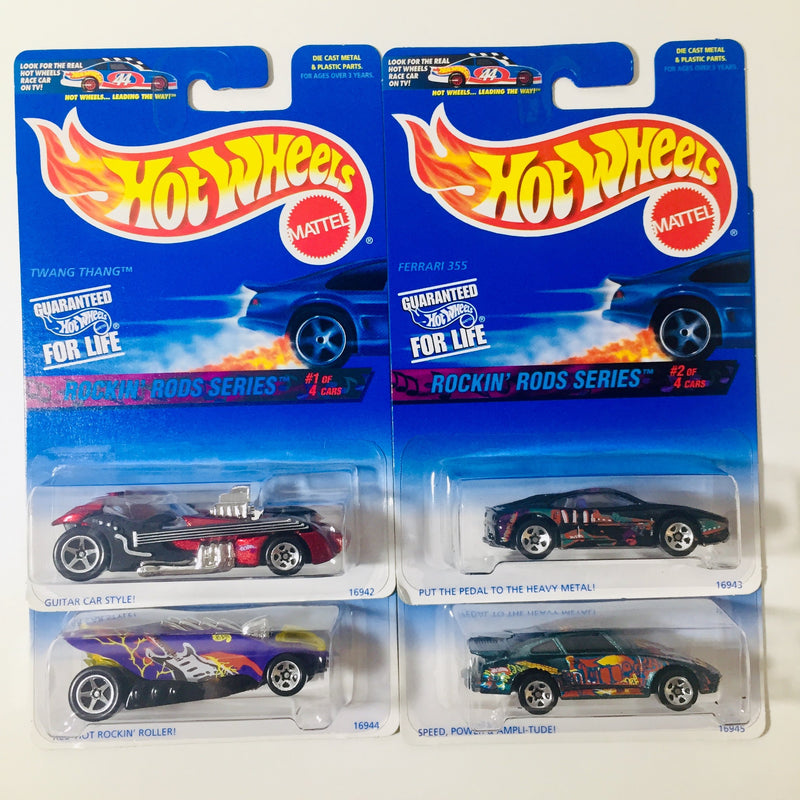 1997 Hot Wheels Rockin' Rods Series Colección Set de 4 - Twang Thang, Ferrari 355, Turbo Flame, Porsche 930