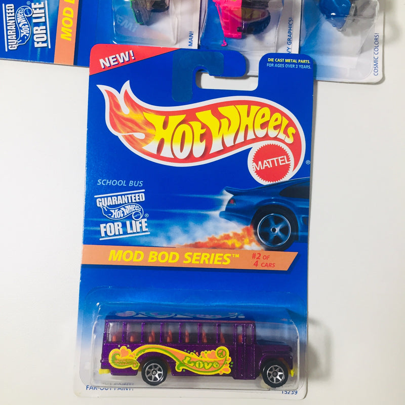 1996 Hot Wheels Mod Bod Series Colección Set de 4 - Hummer, School Bus, VW Bug, 67 Camaro