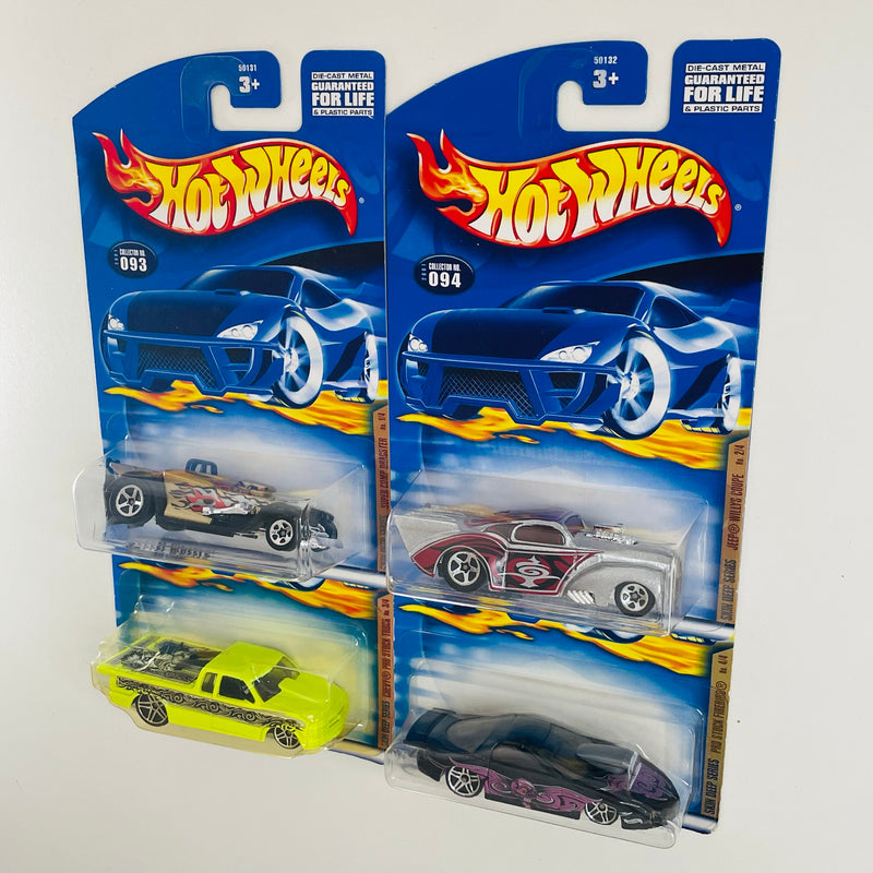 2001 Hot Wheels Skin Deep Series Colección Set de 4 - Super Comp Dragster, 41 Jeep Willys Coupe, Chevy Pro Stock Truck, Pro Stock Firebird Pontiac
