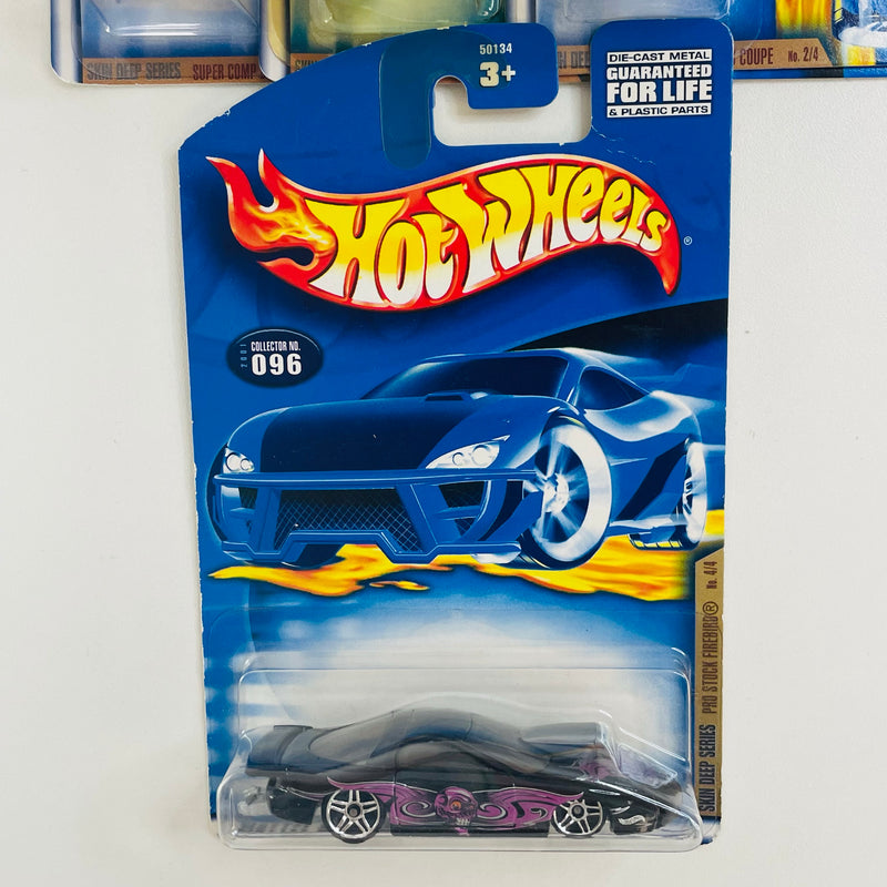 2001 Hot Wheels Skin Deep Series Colección Set de 4 - Super Comp Dragster, 41 Jeep Willys Coupe, Chevy Pro Stock Truck, Pro Stock Firebird Pontiac