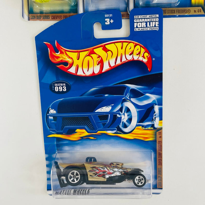 2001 Hot Wheels Skin Deep Series Colección Set de 4 - Super Comp Dragster, 41 Jeep Willys Coupe, Chevy Pro Stock Truck, Pro Stock Firebird Pontiac
