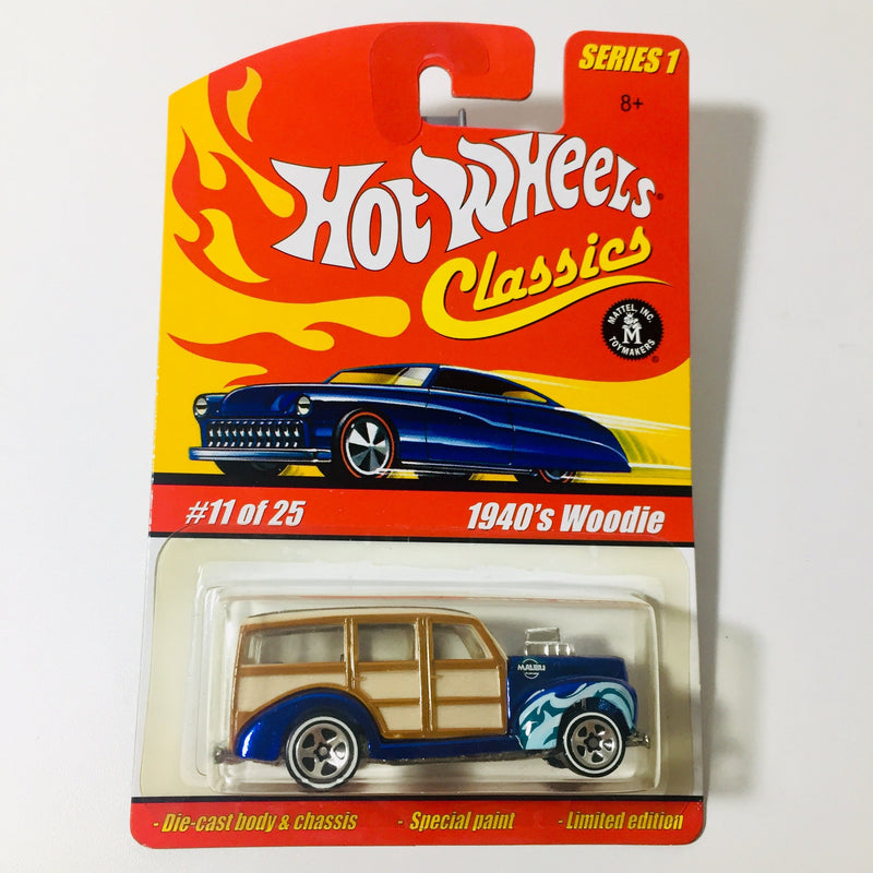 2005 Hot Wheels Classics Series 1 1940's Woodie Ford azul spectraflame 5SP base ZAMAC