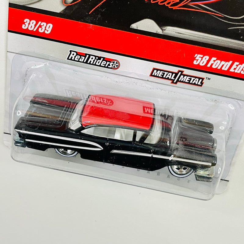 2010 Hot Wheels Larry's Garage 58 Ford Edsel negro metálico Llantas de Goma RR base ZAMAC