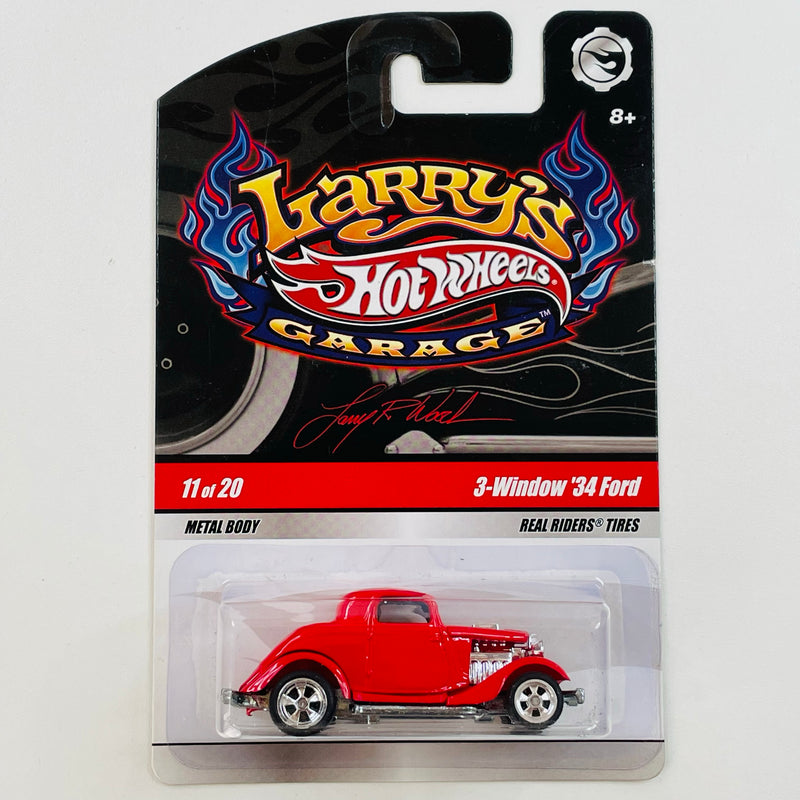2009 Hot Wheels Larry's Garage 3-Window 34 Ford rojo Llantas de Goma RR base ZAMAC