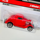 2009 Hot Wheels Larry's Garage 3-Window 34 Ford rojo Llantas de Goma RR base ZAMAC