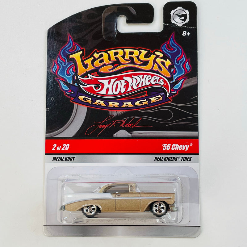 2009 Hot Wheels Larry's Garage 56 Chevy dorado metálico Llantas de Goma RR base ZAMAC