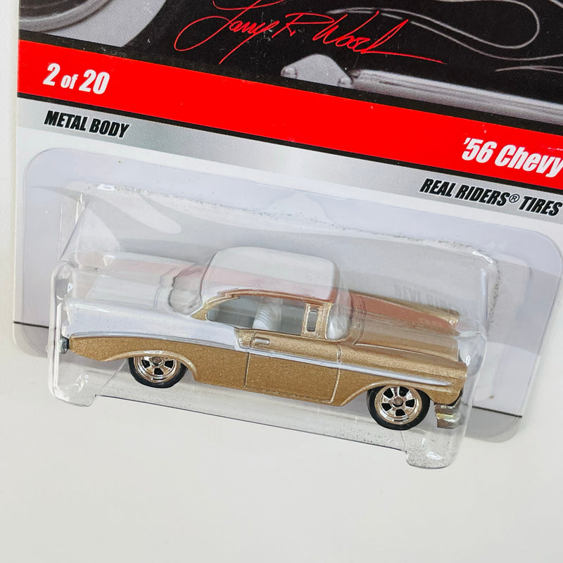 2009 Hot Wheels Larry's Garage 56 Chevy dorado metálico Llantas de Goma RR base ZAMAC