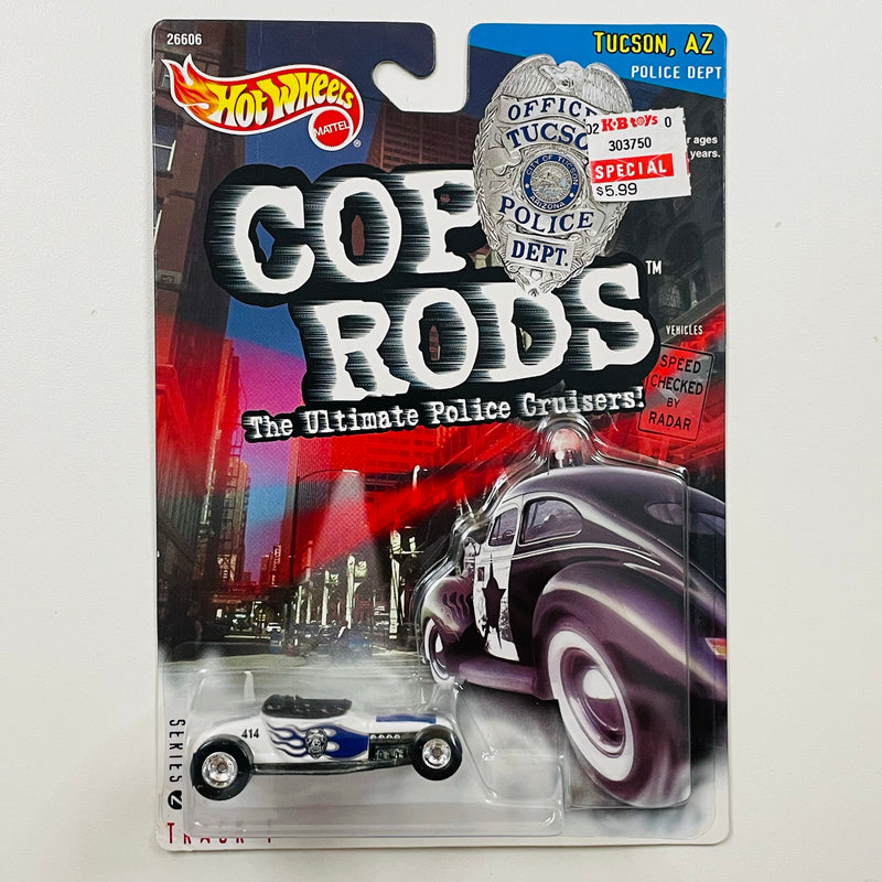 2000 Hot Wheels Cop Rods Tucson AZ Police KB Toys Exclusive 1927 Ford Track T blanco Llantas de Goma RR base ZAMAC