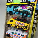 1997 Matchbox City Streets 5 Pack Set de 5 - Volvo Container Truck, Mercedes Benz TV News Truck, Chevrolet Ambulance, International School Bus, Ford Utility Truck
