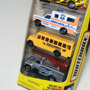 1997 Matchbox City Streets 5 Pack Set de 5 - Volvo Container Truck, Mercedes Benz TV News Truck, Chevrolet Ambulance, International School Bus, Ford Utility Truck