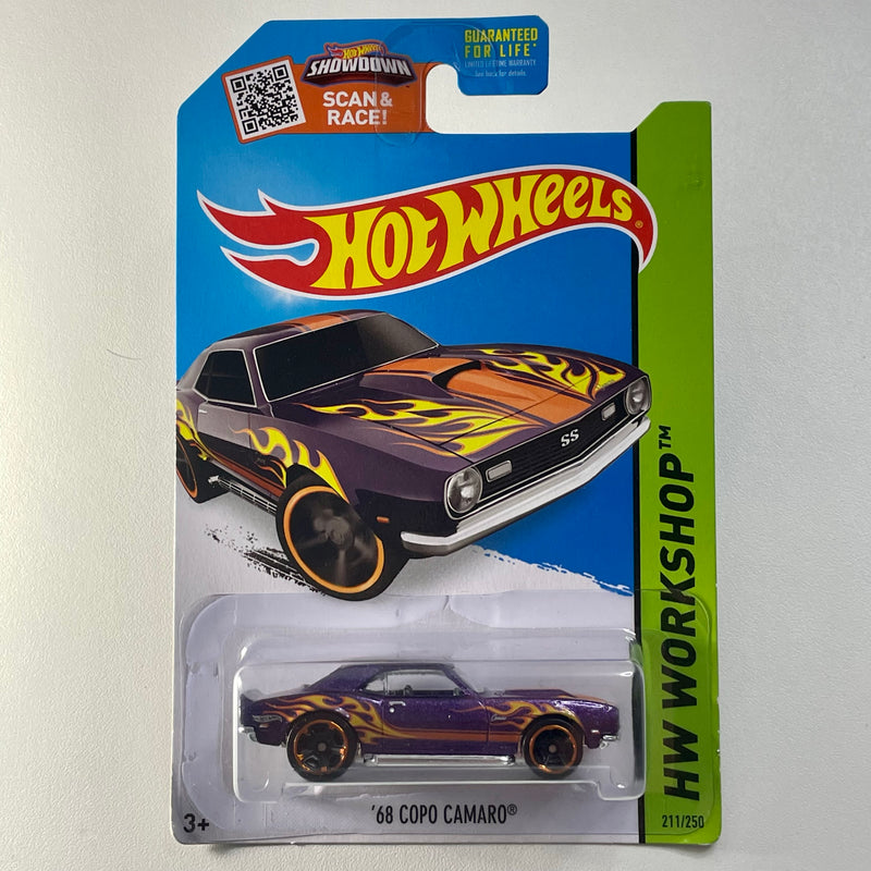 2015 Hot Wheels HW Workshop 68 Copo Camaro morado metálico con flamas MC5