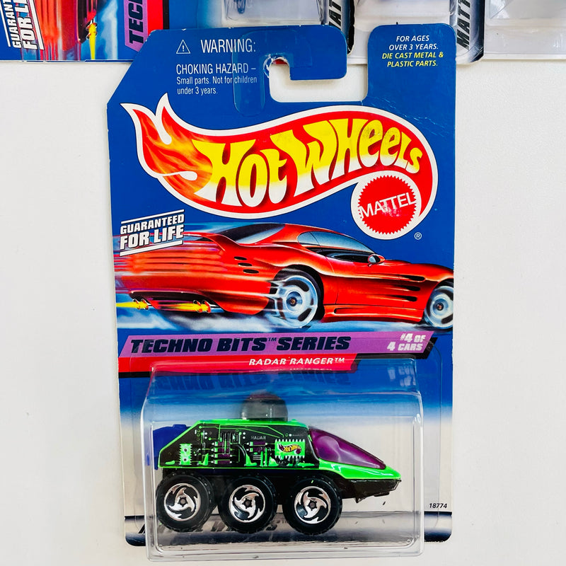 1998 Hot Wheels Techno Bits Series Colección Set de 4 - Shadow Jet II, Power Pistons, Shadow Jet, Radar Ranger
