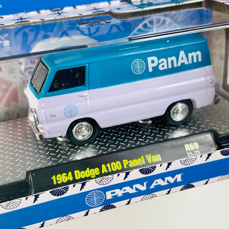 2021 M2 Machines Auto-Thentics Pan Am 1964 Dodge A100 Panel Van R69 blanco con celeste Llantas de Goma