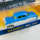2003 Jada Dub City Oldskool 53 Chevy Bel Air azul con blanco con Tarjeta Coleccionista