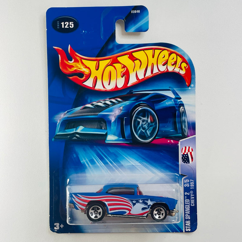 2004 Hot Wheels Star Spangled Chevy 1957 125 azul 5SP base ZAMAC