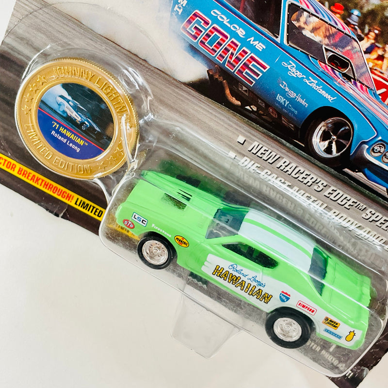 1995 Johnny Lightning Dragsters USA NHRA Limited Edition Roland Leong Hawaiian 71 Dodge Charger Funny Car verde con blanco