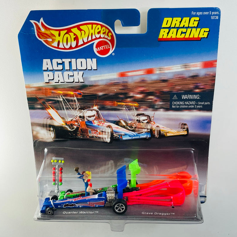 1998 Hot Wheels Action Pack Drag Racing Diorama Set - Dragster Driven to the Max Quarter Warrior, Grave Dragger