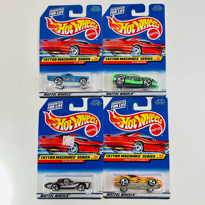 1998 Hot Wheels Tattoo Machines Series Colección Set de 4 - 57 T-Bird Ford, 93 Camaro Chevrolet, Stutz Blackhawk, Corvette Stingray