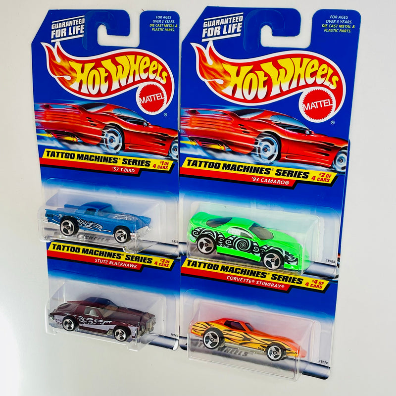 1998 Hot Wheels Tattoo Machines Series Colección Set de 4 - 57 T-Bird Ford, 93 Camaro Chevrolet, Stutz Blackhawk, Corvette Stingray