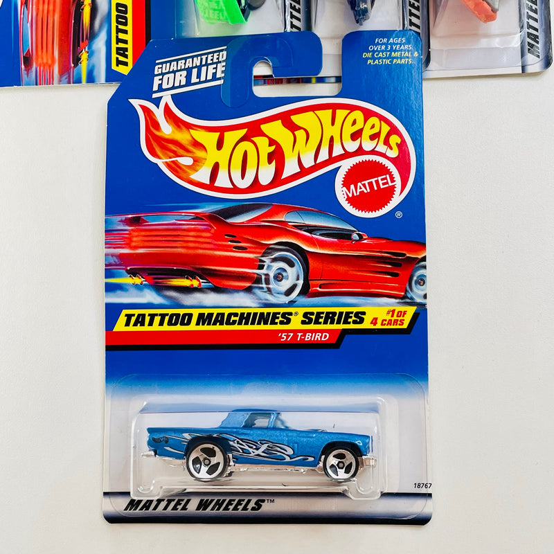 1998 Hot Wheels Tattoo Machines Series Colección Set de 4 - 57 T-Bird Ford, 93 Camaro Chevrolet, Stutz Blackhawk, Corvette Stingray