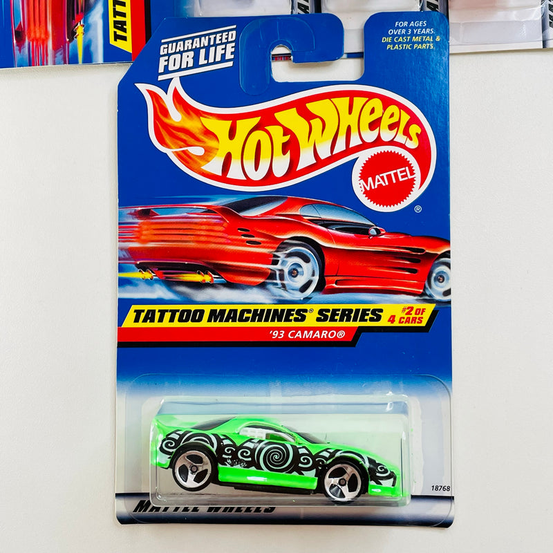 1998 Hot Wheels Tattoo Machines Series Colección Set de 4 - 57 T-Bird Ford, 93 Camaro Chevrolet, Stutz Blackhawk, Corvette Stingray