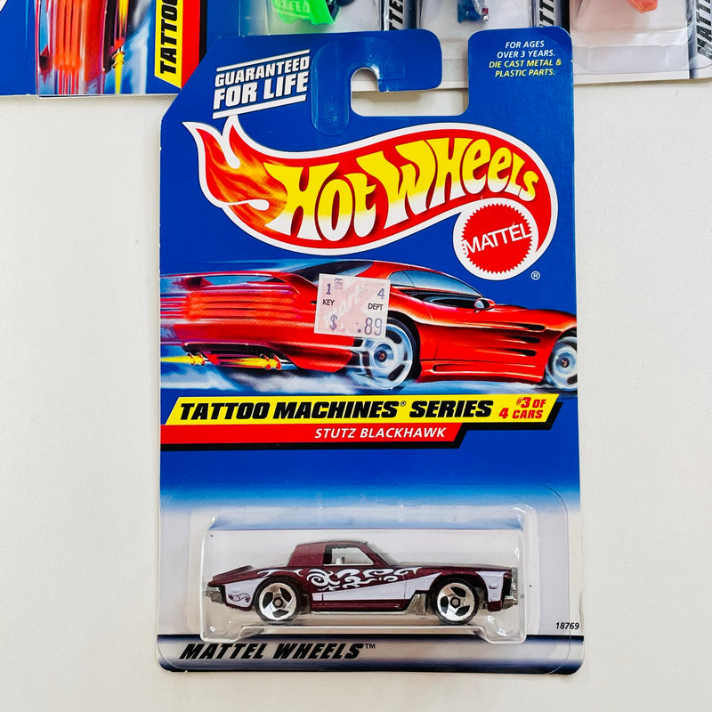 1998 Hot Wheels Tattoo Machines Series Colección Set de 4 - 57 T-Bird Ford, 93 Camaro Chevrolet, Stutz Blackhawk, Corvette Stingray