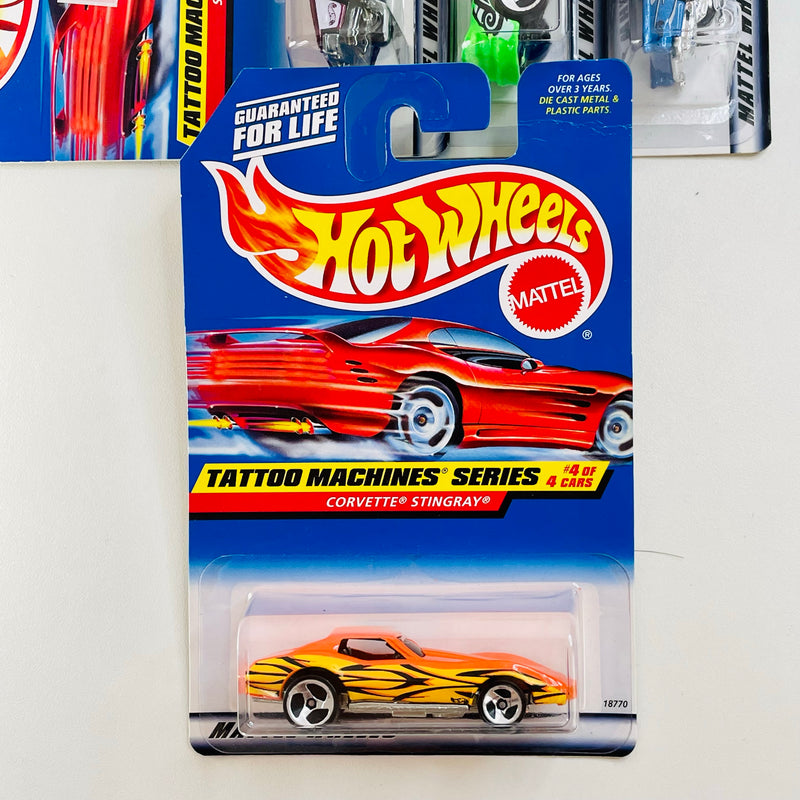 1998 Hot Wheels Tattoo Machines Series Colección Set de 4 - 57 T-Bird Ford, 93 Camaro Chevrolet, Stutz Blackhawk, Corvette Stingray