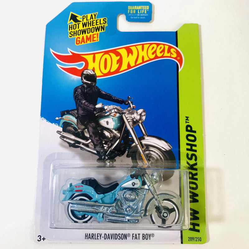 2014 Hot Wheels HW Workshop Harley-Davidson Fat Boy turquesa MC3 base ZAMAC