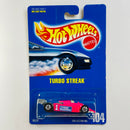 1991 Hot Wheels Turbo Streak 104 rojo neón BW base ZAMAC