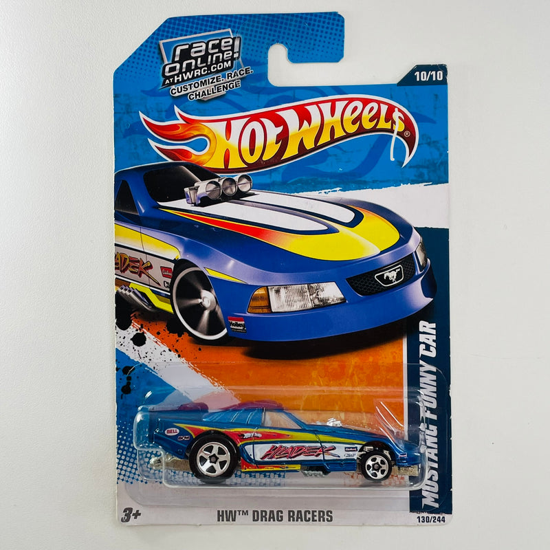 2011 Hot Wheels HW Drag Racers Ford Mustang Funny Car azul metálico 5SP base ZAMAC