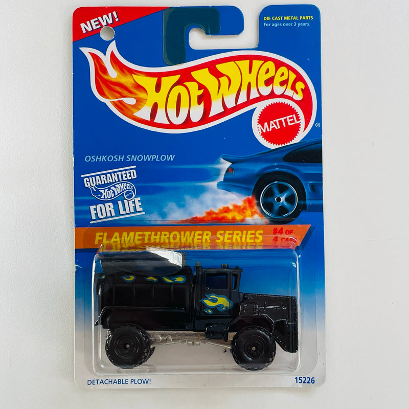 1996 Hot Wheels Flamethrower Series Oshkosh Snowplow negro CT base ZAMAC