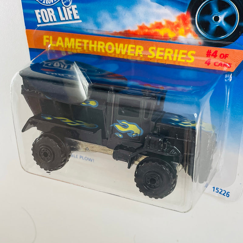 1996 Hot Wheels Flamethrower Series Oshkosh Snowplow negro CT base ZAMAC