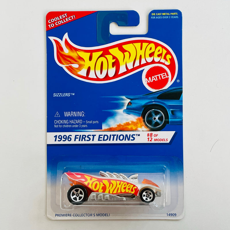 1996 Hot Wheels First Editions Turbo Flame Sizzlers blanco 5SP base Plata variante de nombre