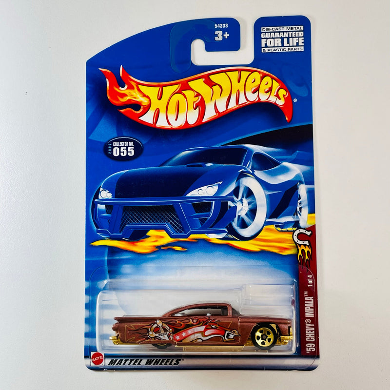 2002 Hot Wheels Wild Frontier 59 Chevy Impala 055 marrón metálico 5SP